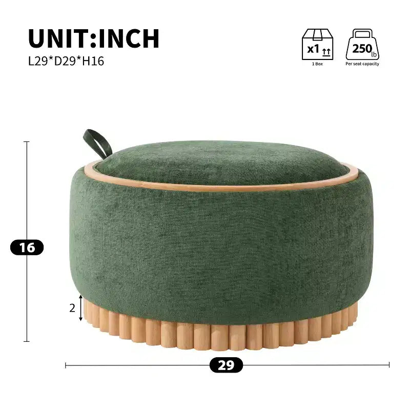 Round Storage Ottoman with Solid Wood Cylinder Base & Reversible Lid