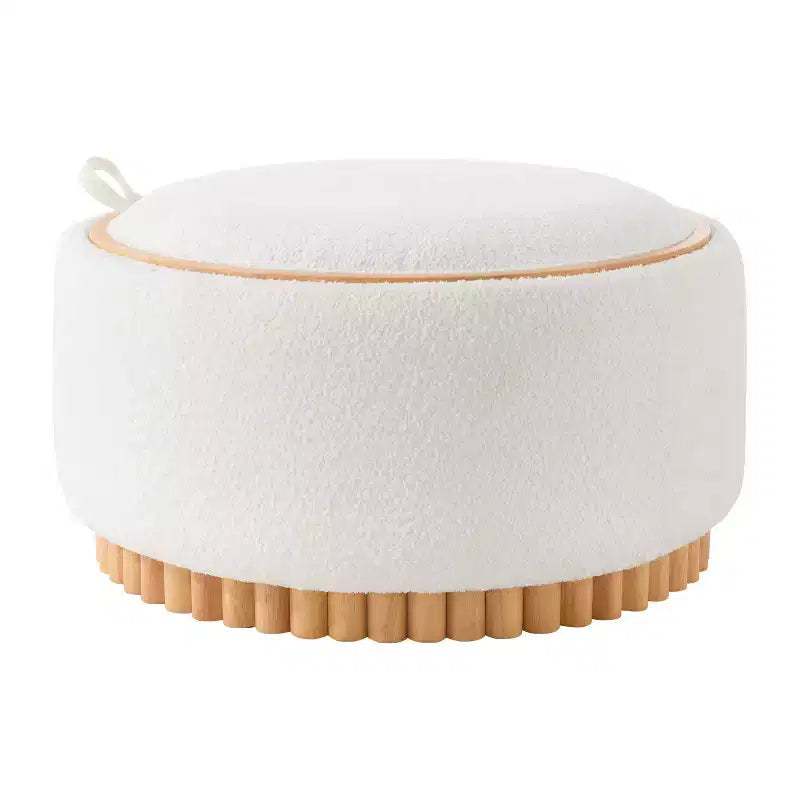 Round Storage Ottoman with Solid Wood Cylinder Base & Reversible Lid