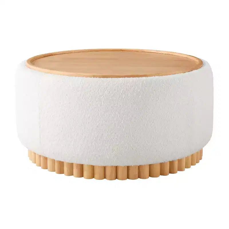 Round Storage Ottoman with Solid Wood Cylinder Base & Reversible Lid