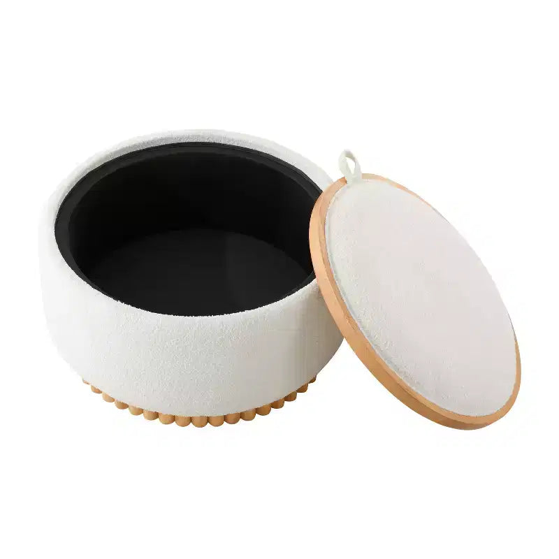 Round Storage Ottoman with Solid Wood Cylinder Base & Reversible Lid