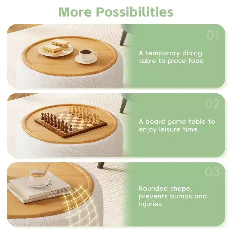 Round Storage Ottoman with Solid Wood Cylinder Base & Reversible Lid