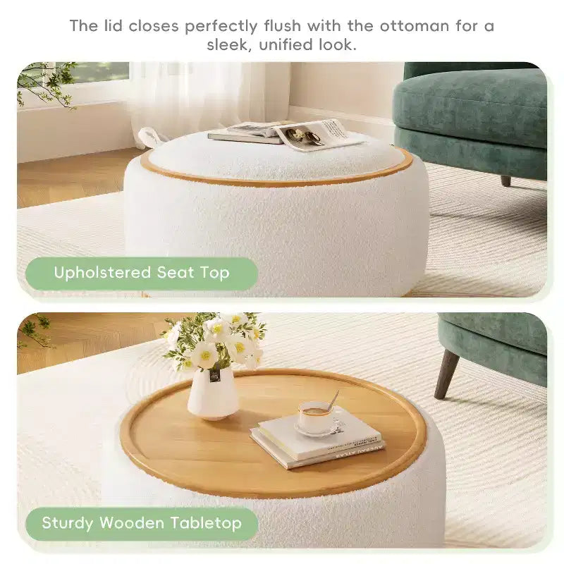 Round Storage Ottoman with Solid Wood Cylinder Base & Reversible Lid