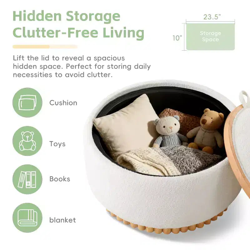 Round Storage Ottoman with Solid Wood Cylinder Base & Reversible Lid
