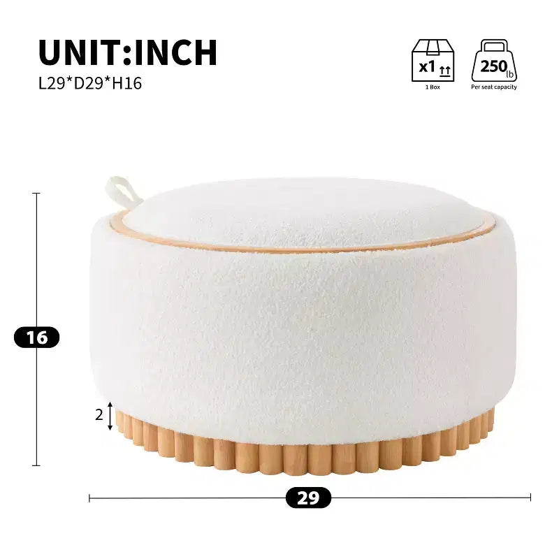 Round Storage Ottoman with Solid Wood Cylinder Base & Reversible Lid