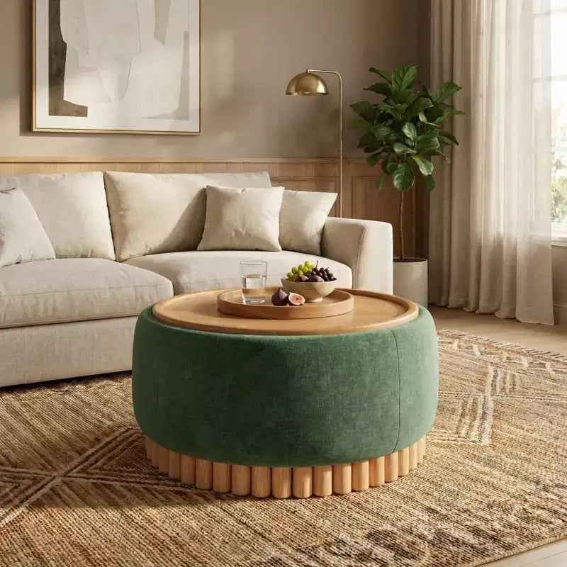 Round Storage Ottoman with Solid Wood Cylinder Base & Reversible Lid