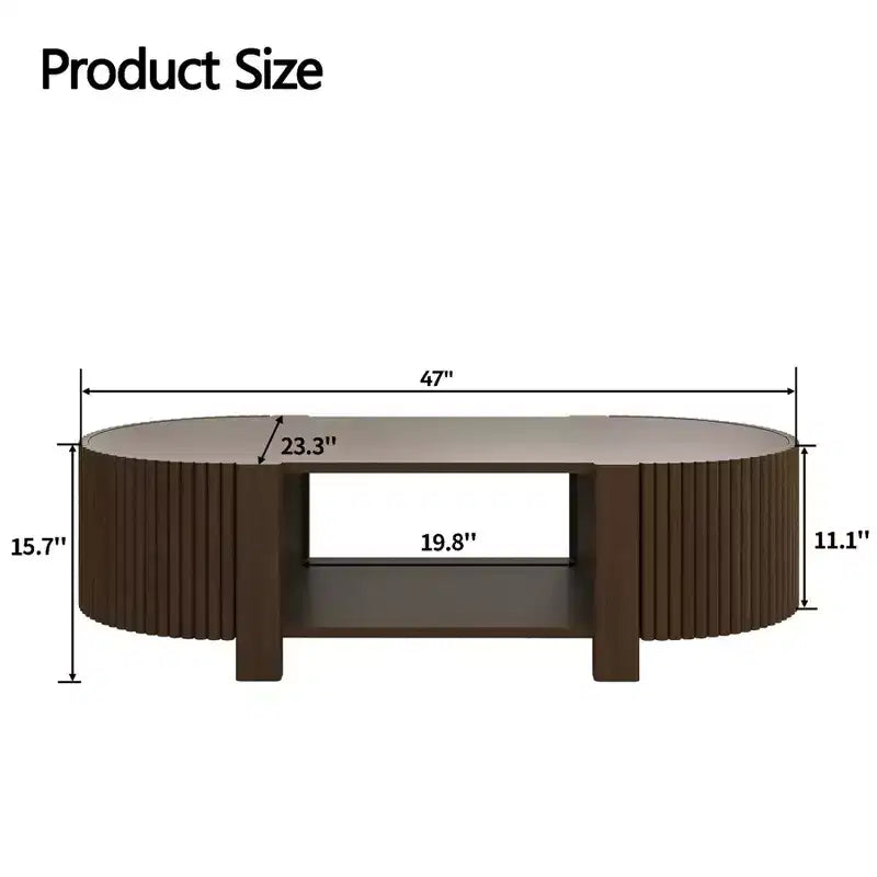 47 Modern Coffee Table, Wooden Oval Center Table with Storage, Accent Fluted Cocktail End Table for Living Room Bedroom Office
