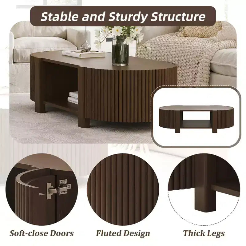 47 Modern Coffee Table, Wooden Oval Center Table with Storage, Accent Fluted Cocktail End Table for Living Room Bedroom Office
