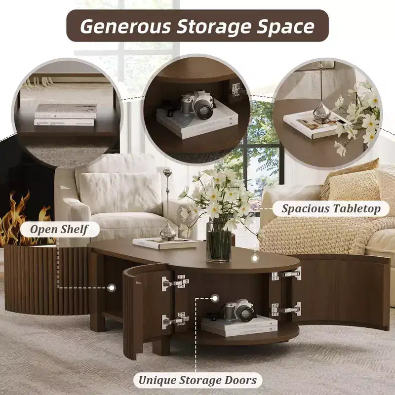 47 Modern Coffee Table, Wooden Oval Center Table with Storage, Accent Fluted Cocktail End Table for Living Room Bedroom Office