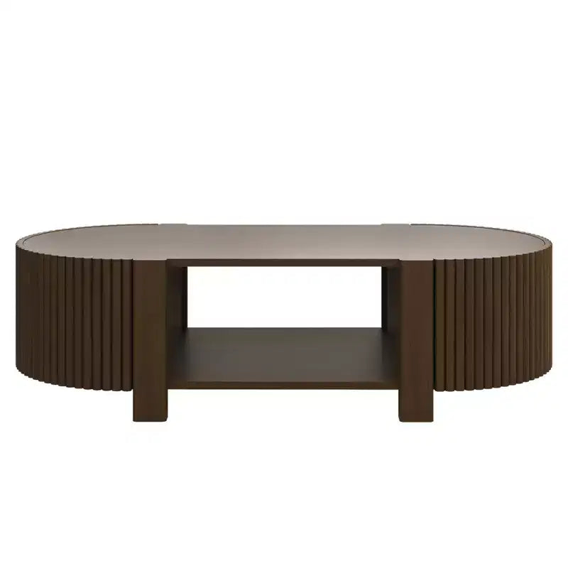 47 Modern Coffee Table, Wooden Oval Center Table with Storage, Accent Fluted Cocktail End Table for Living Room Bedroom Office