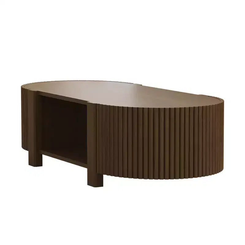 47 Modern Coffee Table, Wooden Oval Center Table with Storage, Accent Fluted Cocktail End Table for Living Room Bedroom Office