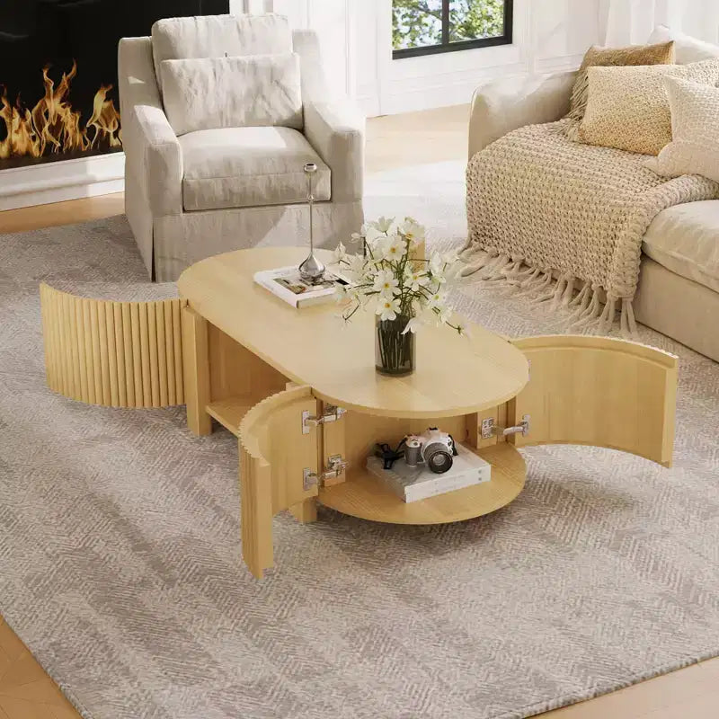 47 Modern Coffee Table, Wooden Oval Center Table with Storage, Accent Fluted Cocktail End Table for Living Room Bedroom Office