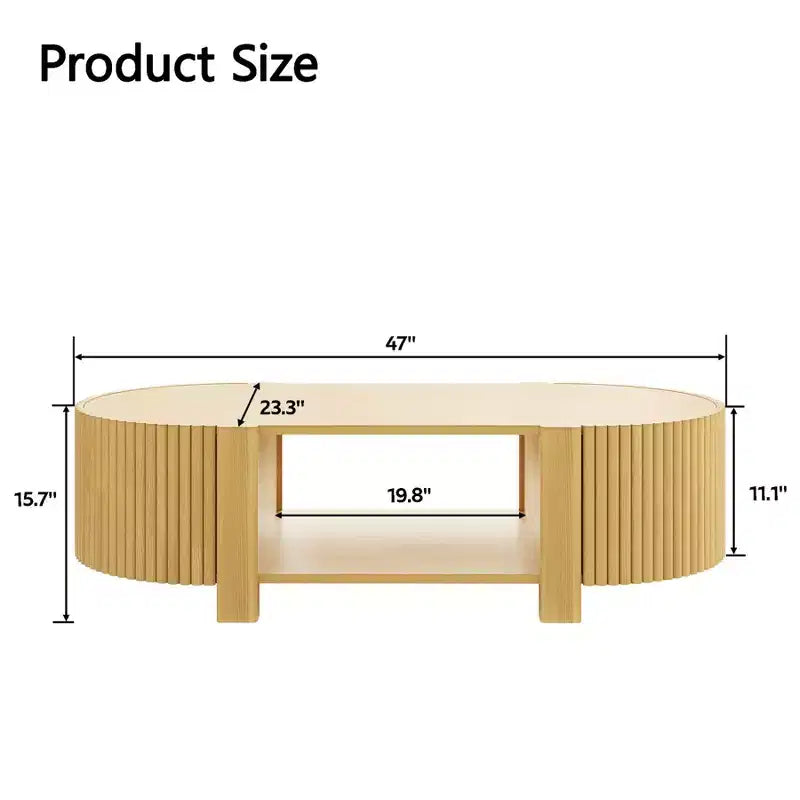 47 Modern Coffee Table, Wooden Oval Center Table with Storage, Accent Fluted Cocktail End Table for Living Room Bedroom Office
