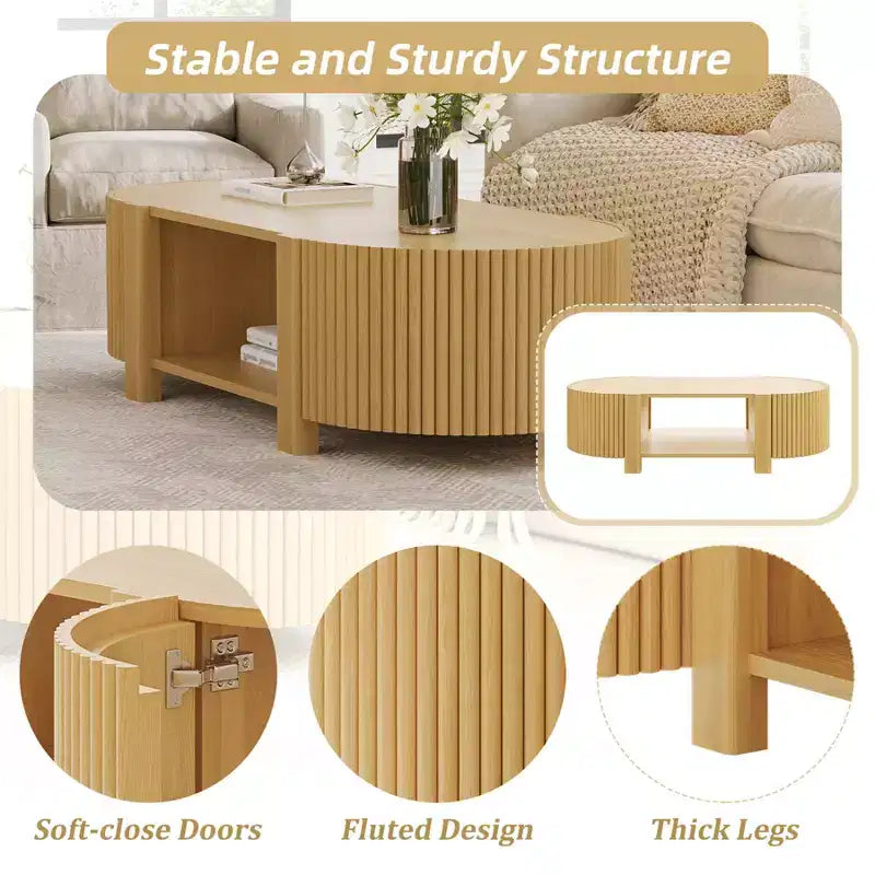 47 Modern Coffee Table, Wooden Oval Center Table with Storage, Accent Fluted Cocktail End Table for Living Room Bedroom Office