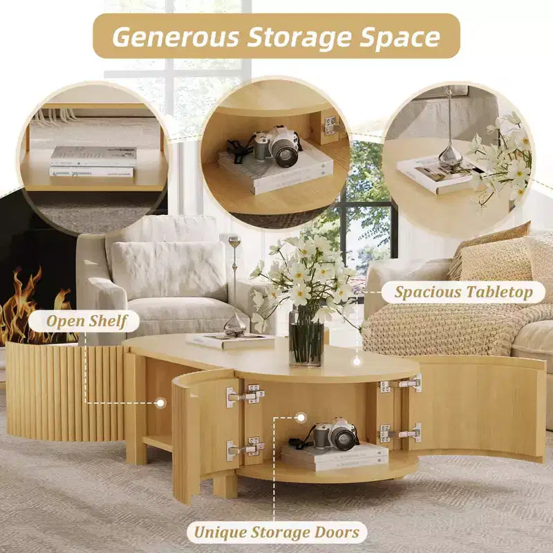 47 Modern Coffee Table, Wooden Oval Center Table with Storage, Accent Fluted Cocktail End Table for Living Room Bedroom Office