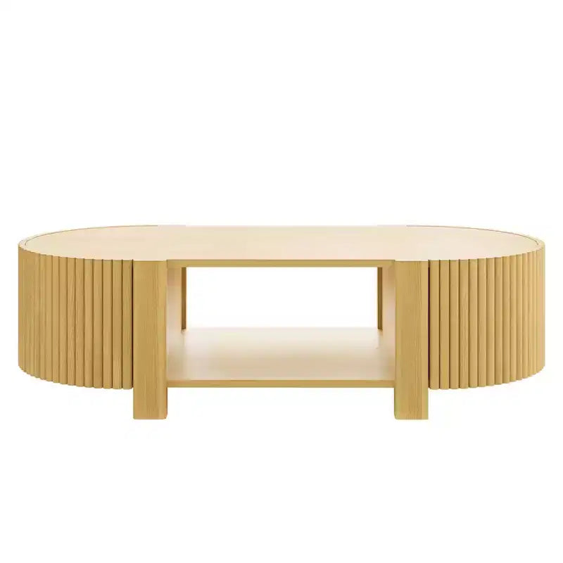 47 Modern Coffee Table, Wooden Oval Center Table with Storage, Accent Fluted Cocktail End Table for Living Room Bedroom Office