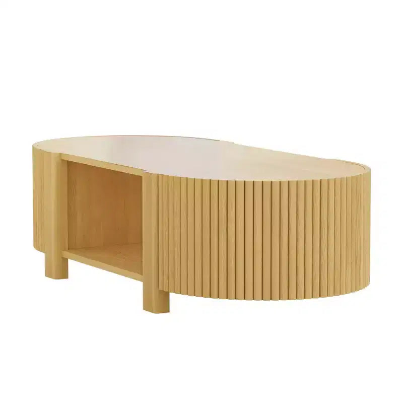 47 Modern Coffee Table, Wooden Oval Center Table with Storage, Accent Fluted Cocktail End Table for Living Room Bedroom Office
