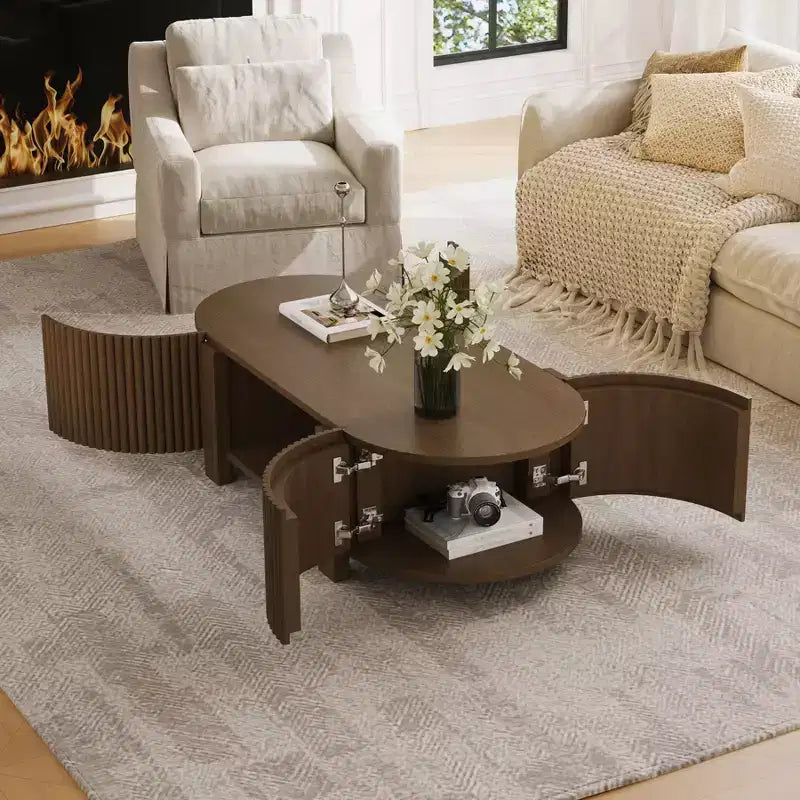 47 Modern Coffee Table, Wooden Oval Center Table with Storage, Accent Fluted Cocktail End Table for Living Room Bedroom Office