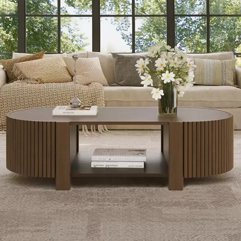 47 Modern Coffee Table, Wooden Oval Center Table with Storage, Accent Fluted Cocktail End Table for Living Room Bedroom Office