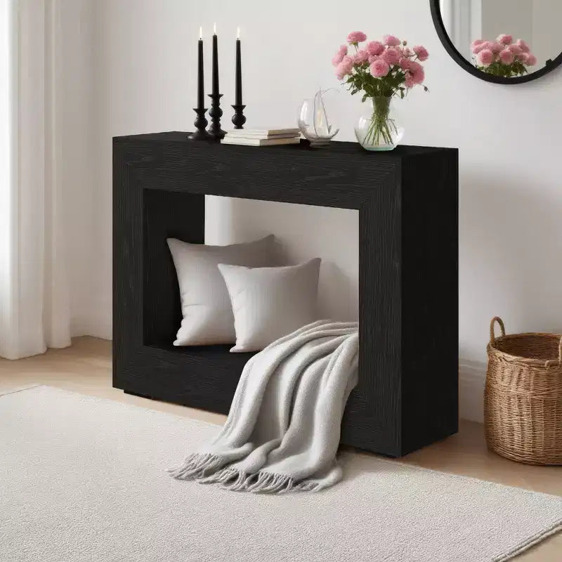 Country farmhouse style entryway table with storage shelves  narrow and rectangular, suitable for living rooms, hallways, foyer, and behind sofas.