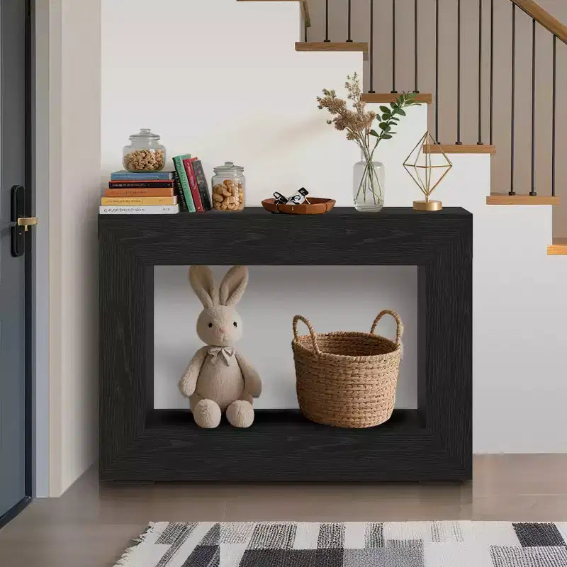 Country farmhouse style entryway table with storage shelves  narrow and rectangular, suitable for living rooms, hallways, foyer, and behind sofas.