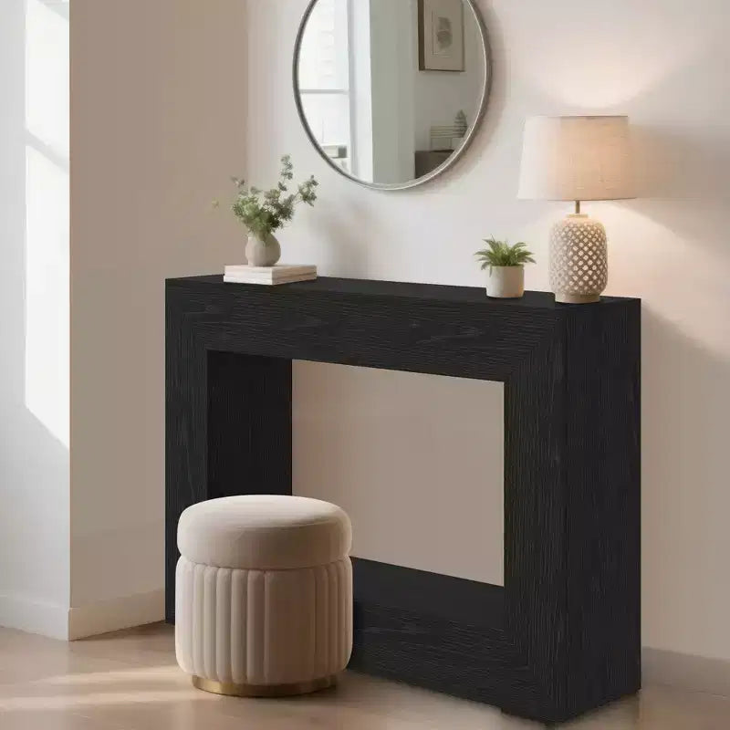 Country farmhouse style entryway table with storage shelves  narrow and rectangular, suitable for living rooms, hallways, foyer, and behind sofas.