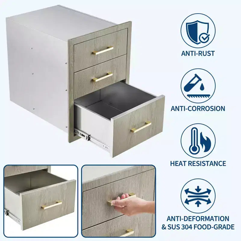 20 Heavy Duty Stainless Steel Triple Drawer Storage Cabinet for Outdoor Kitchen - Weather-Resistant, Flush Mount, with Handles New Magnolia Color