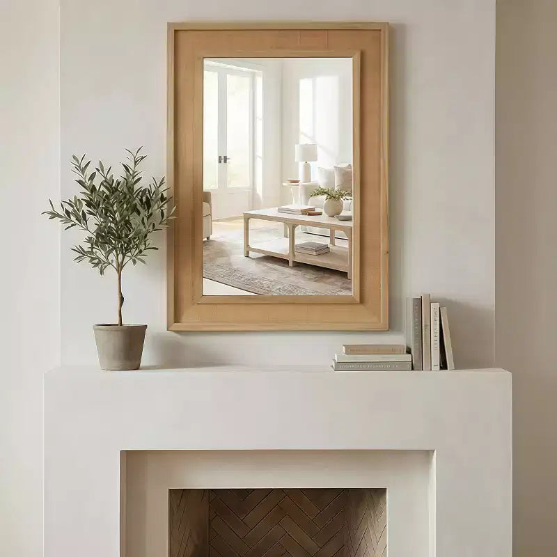 Rattan Rectangle Solid Wood Frame Decorative Mirror,For Farmhouse,Bathroom,Home Decor,Entryway