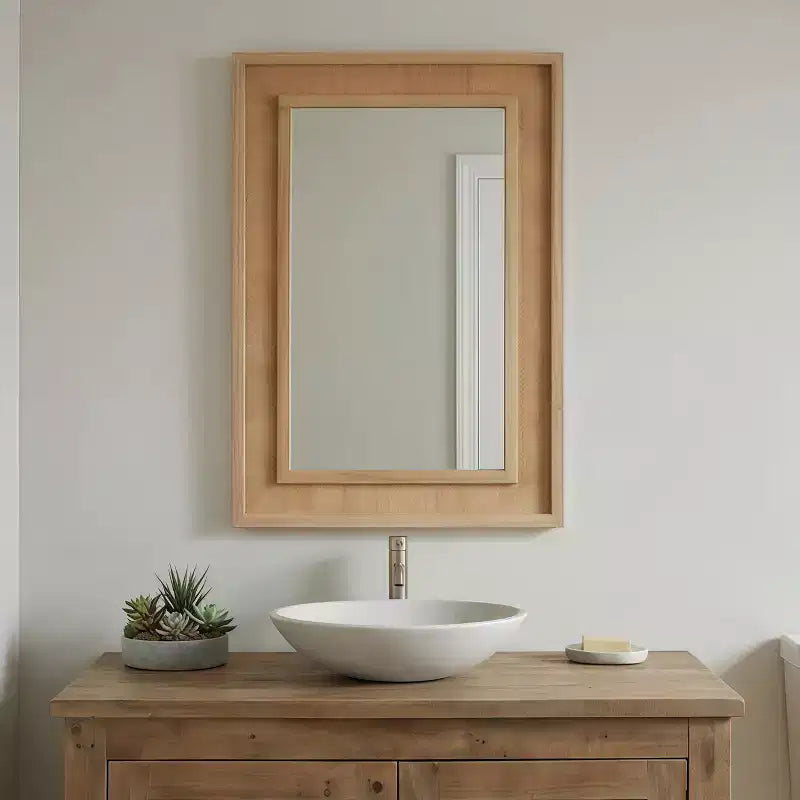 Rattan Rectangle Solid Wood Frame Decorative Mirror,For Farmhouse,Bathroom,Home Decor,Entryway