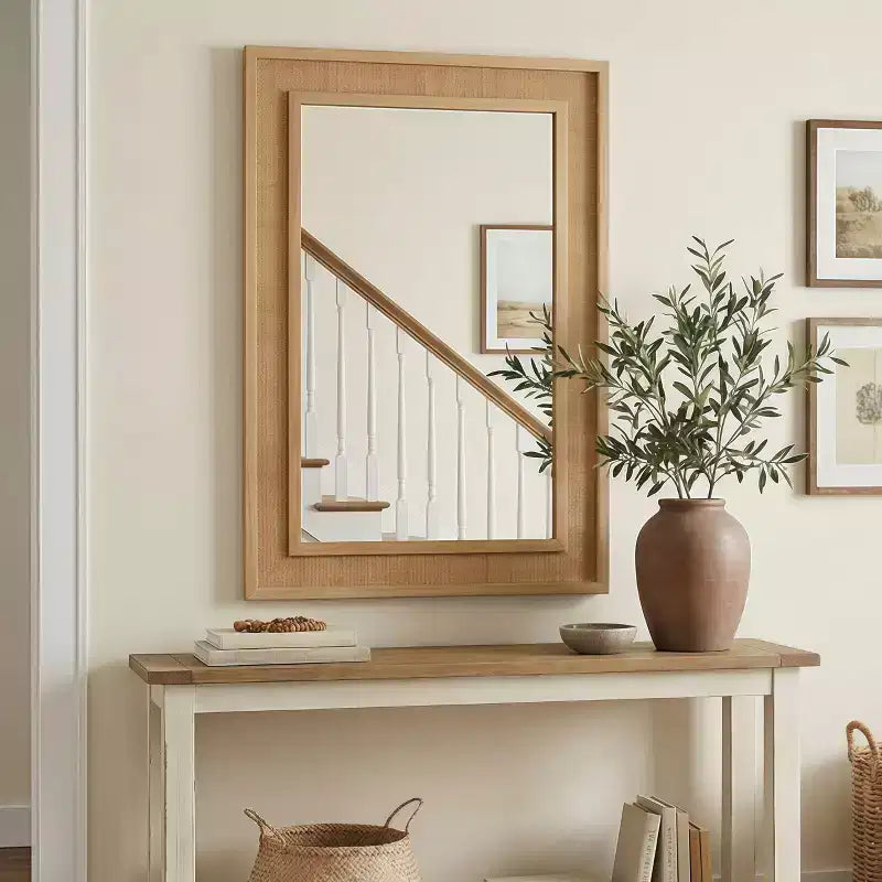 Rattan Rectangle Solid Wood Frame Decorative Mirror,For Farmhouse,Bathroom,Home Decor,Entryway