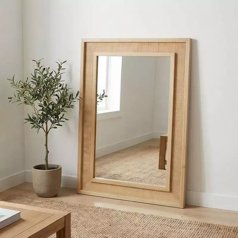 Rattan Rectangle Solid Wood Frame Decorative Mirror,For Farmhouse,Bathroom,Home Decor,Entryway