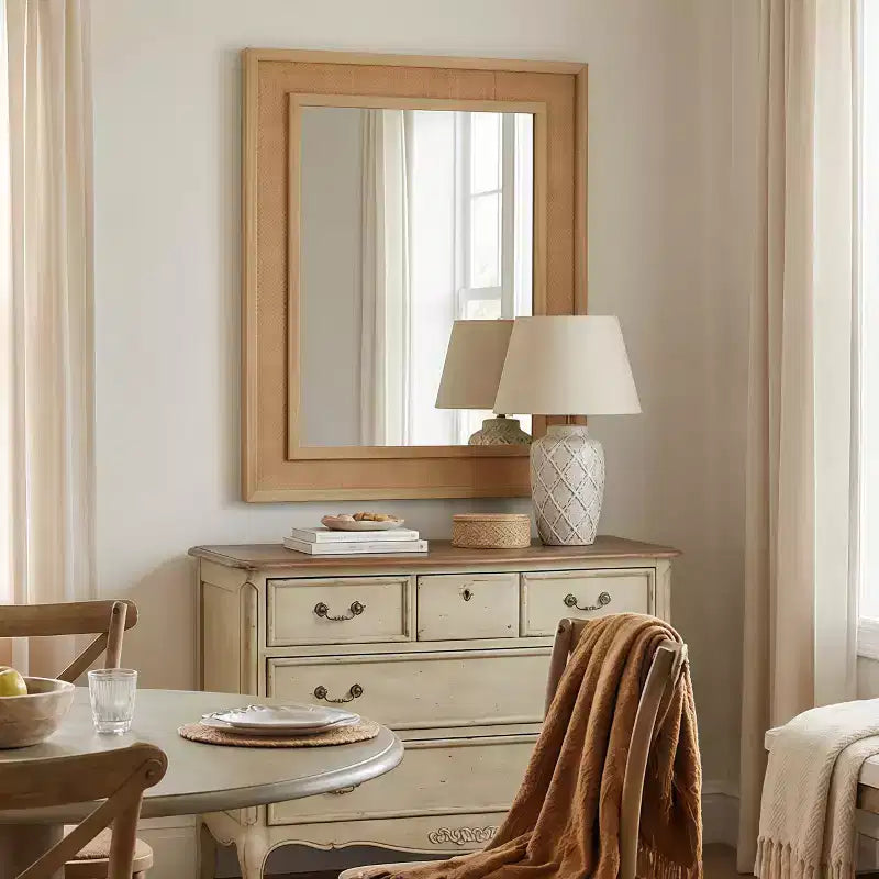 Rattan Rectangle Solid Wood Frame Decorative Mirror,For Farmhouse,Bathroom,Home Decor,Entryway