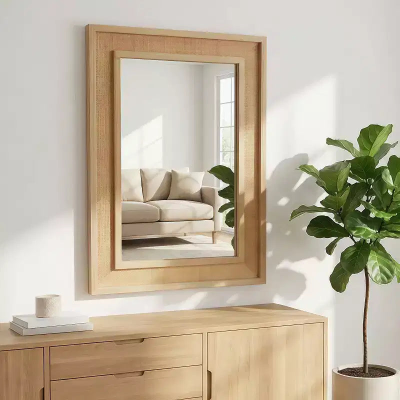 Rattan Rectangle Solid Wood Frame Decorative Mirror,For Farmhouse,Bathroom,Home Decor,Entryway