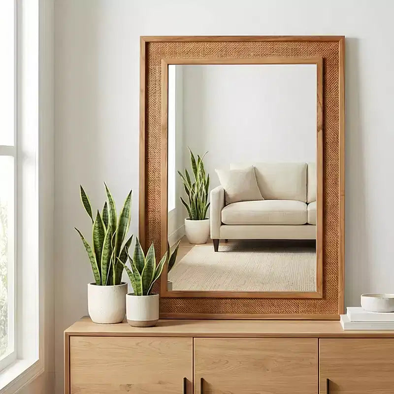 Rattan Rectangle Solid Wood Frame Decorative Mirror,For Farmhouse,Bathroom,Home Decor,Entryway