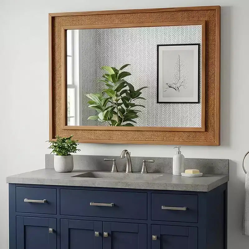 Rattan Rectangle Solid Wood Frame Decorative Mirror,For Farmhouse,Bathroom,Home Decor,Entryway