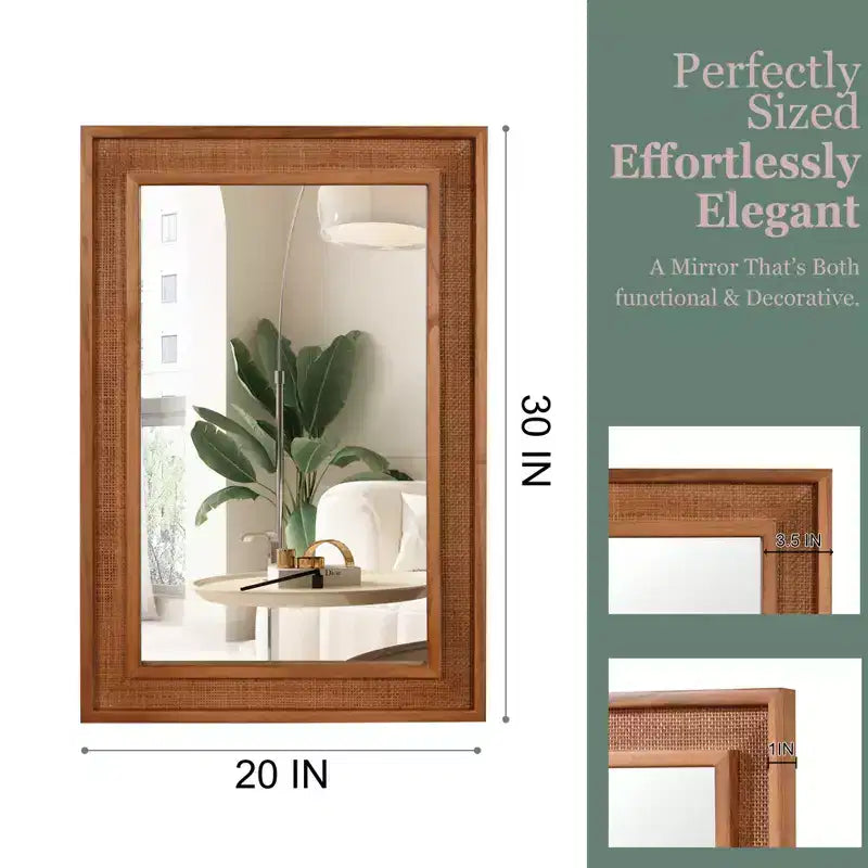 Rattan Rectangle Solid Wood Frame Decorative Mirror,For Farmhouse,Bathroom,Home Decor,Entryway