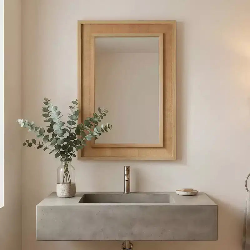 Rattan Rectangle Solid Wood Frame Decorative Mirror,For Farmhouse,Bathroom,Home Decor,Entryway