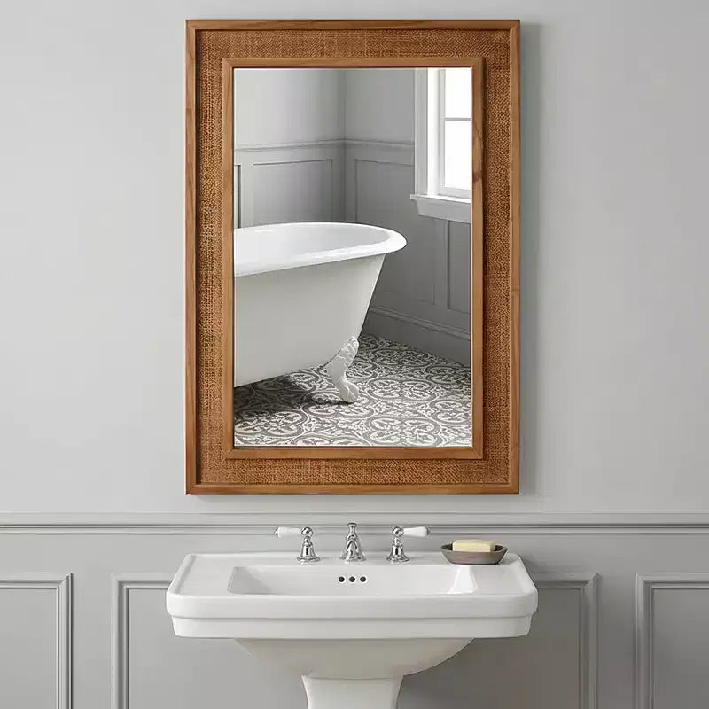 Rattan Rectangle Solid Wood Frame Decorative Mirror,For Farmhouse,Bathroom,Home Decor,Entryway