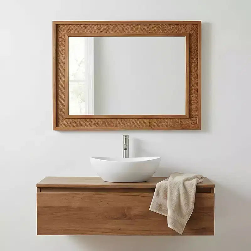 Rattan Rectangle Solid Wood Frame Decorative Mirror,For Farmhouse,Bathroom,Home Decor,Entryway