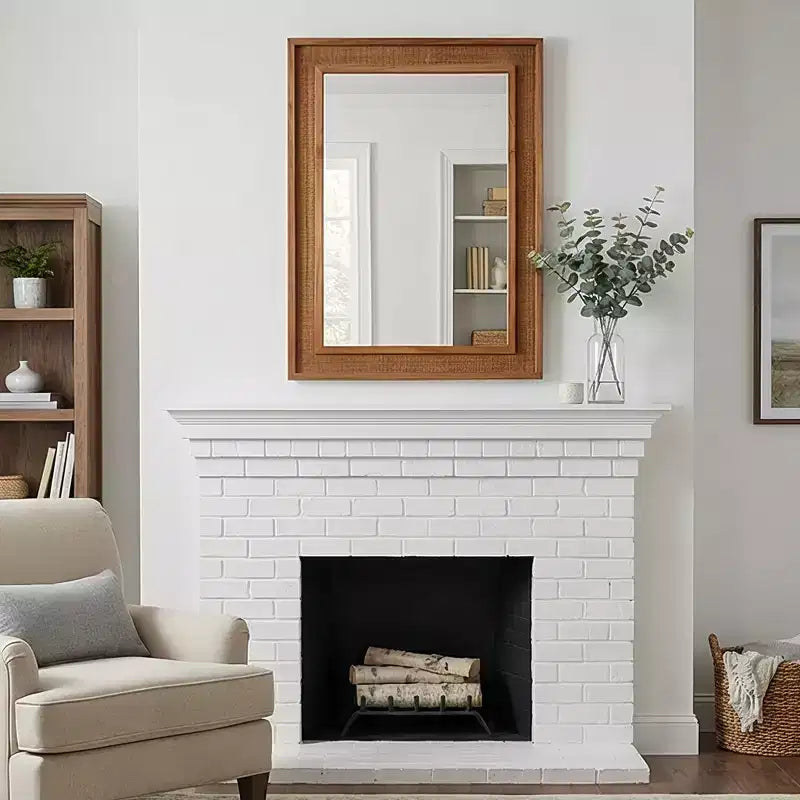 Rattan Rectangle Solid Wood Frame Decorative Mirror,For Farmhouse,Bathroom,Home Decor,Entryway