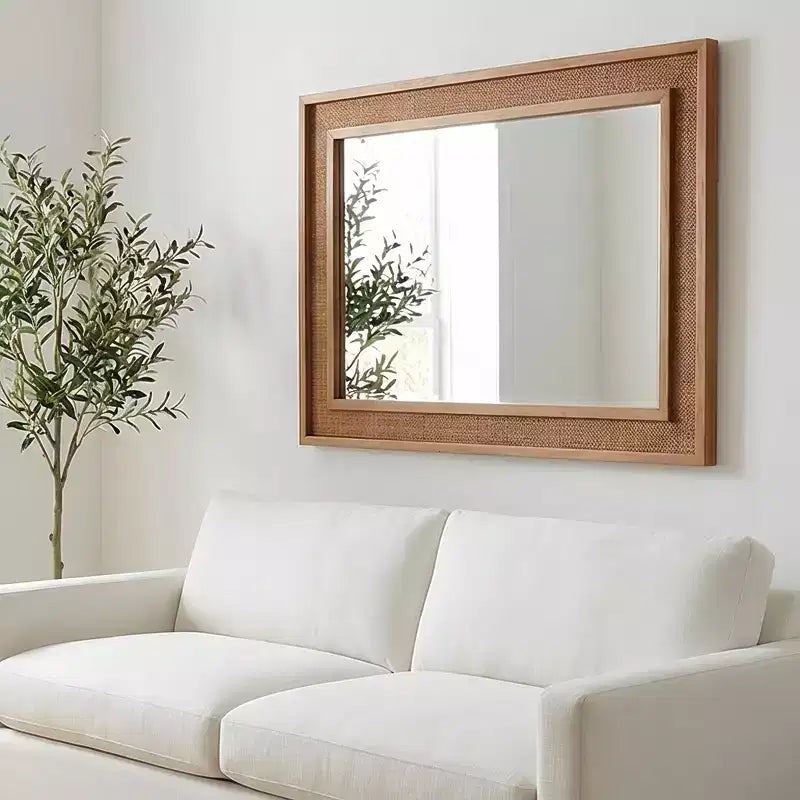 Rattan Rectangle Solid Wood Frame Decorative Mirror,For Farmhouse,Bathroom,Home Decor,Entryway