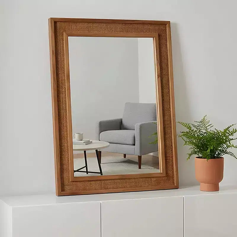 Rattan Rectangle Solid Wood Frame Decorative Mirror,For Farmhouse,Bathroom,Home Decor,Entryway