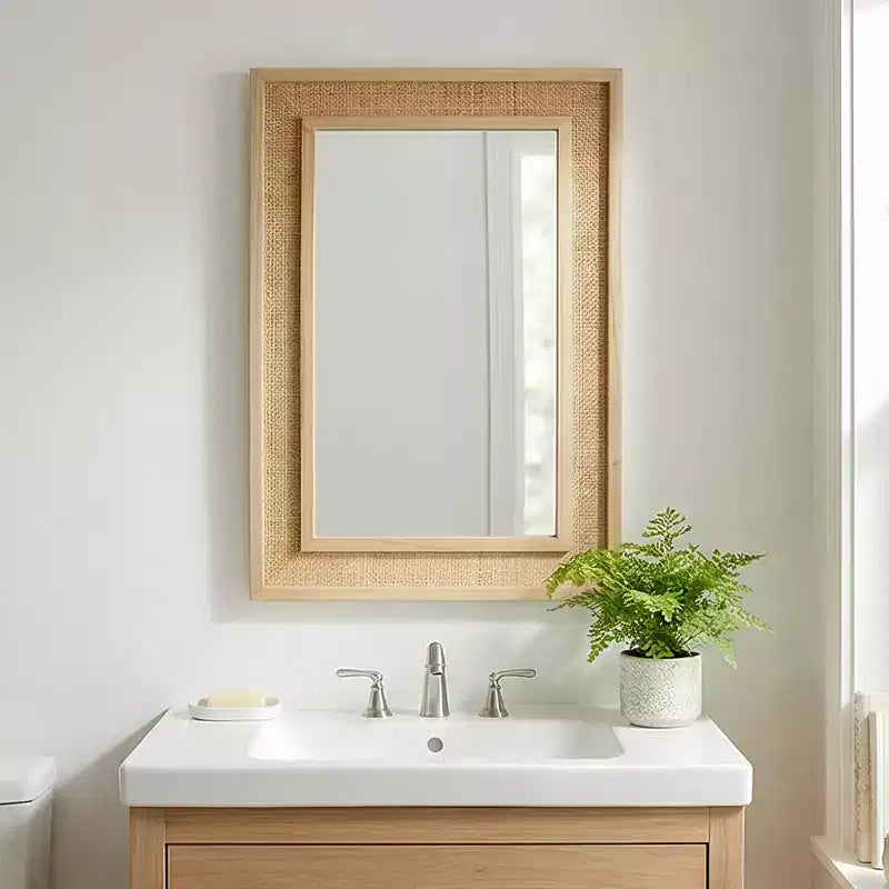 Rattan Rectangle Solid Wood Frame Decorative Mirror,For Farmhouse,Bathroom,Home Decor,Entryway