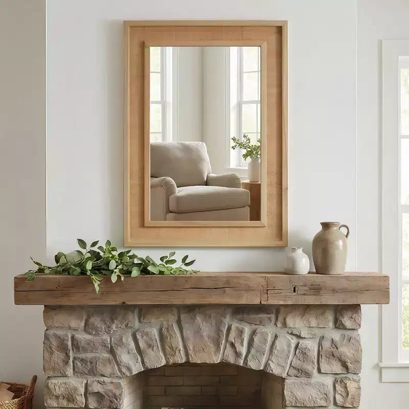 Rattan Rectangle Solid Wood Frame Decorative Mirror,For Farmhouse,Bathroom,Home Decor,Entryway