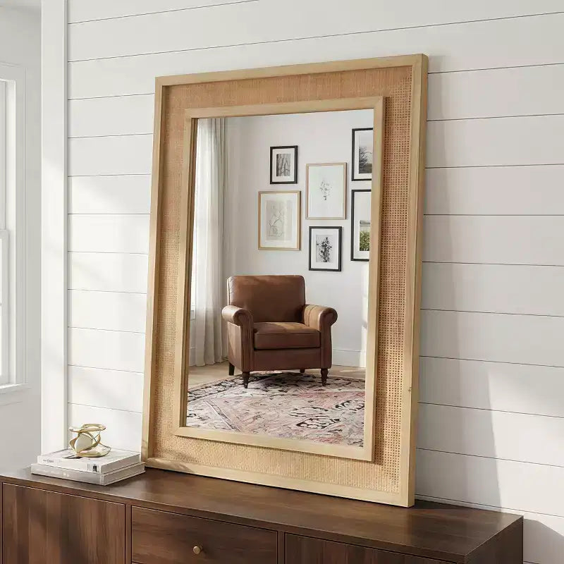 Rattan Rectangle Solid Wood Frame Decorative Mirror,For Farmhouse,Bathroom,Home Decor,Entryway