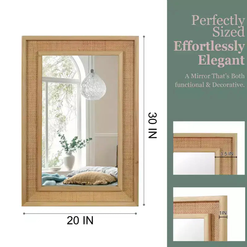 Rattan Rectangle Solid Wood Frame Decorative Mirror,For Farmhouse,Bathroom,Home Decor,Entryway