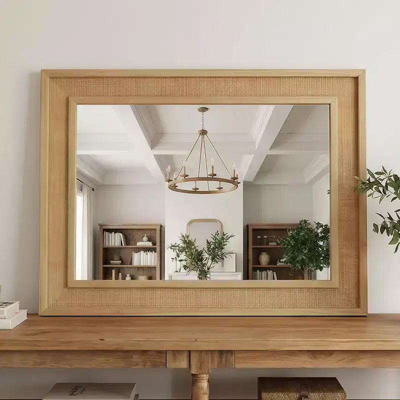 Rattan Rectangle Solid Wood Frame Decorative Mirror,For Farmhouse,Bathroom,Home Decor,Entryway