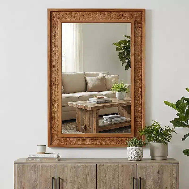 Rattan Rectangle Solid Wood Frame Decorative Mirror,For Farmhouse,Bathroom,Home Decor,Entryway