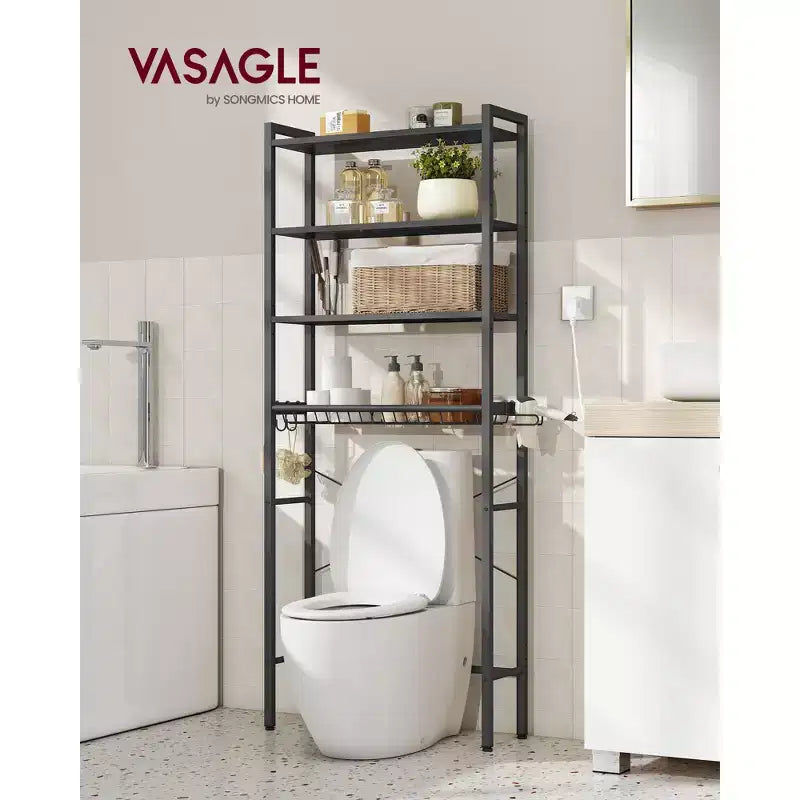 Over the Toilet Storage Organizer with Adjustable Shelves, Basket, Hair Dryer Holder & 3 Hooks
