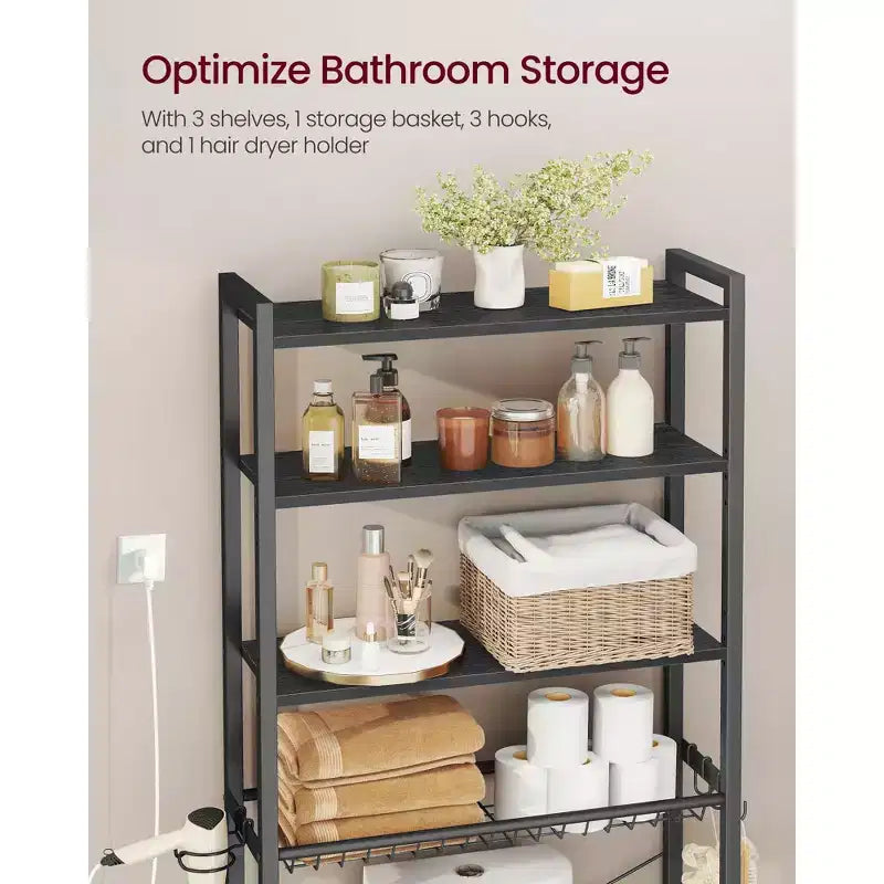 Over the Toilet Storage Organizer with Adjustable Shelves, Basket, Hair Dryer Holder & 3 Hooks