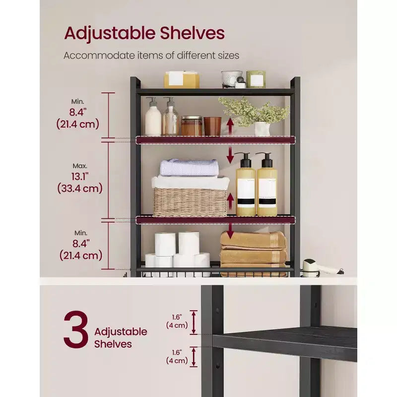 Over the Toilet Storage Organizer with Adjustable Shelves, Basket, Hair Dryer Holder & 3 Hooks
